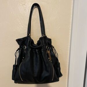 Black leather fringe bag